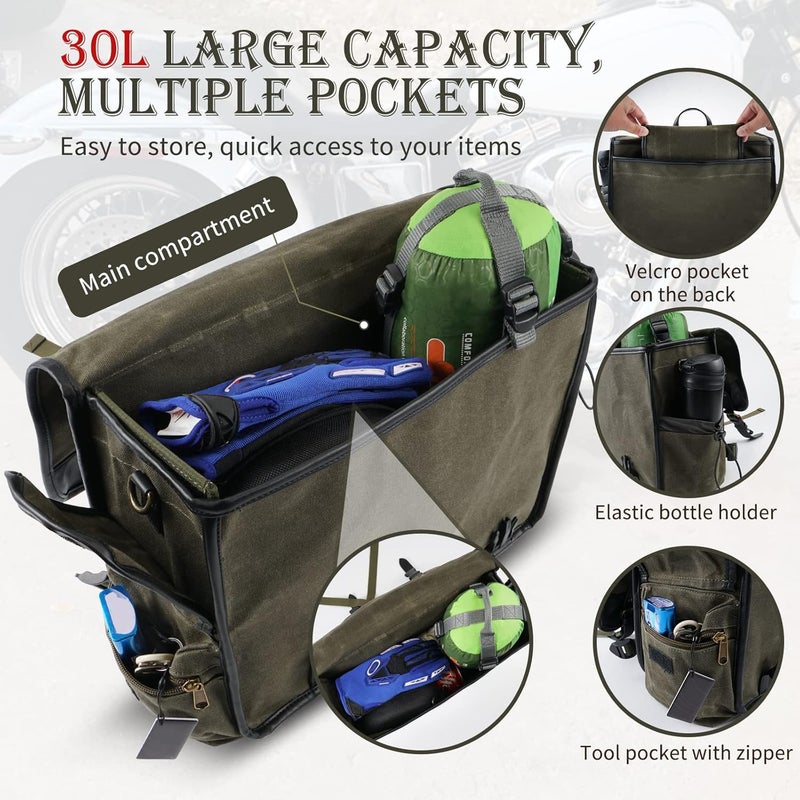 NICECNC Motorcycle Saddlebags Vintage Oil Waxed Canvas Leather, 30L Throw Over Saddle Bags Side Luggage Bags for Men Women Camping, Compatible with Harley, Honda, Suzuki, Yamaha, Adventure, Green - Image 4